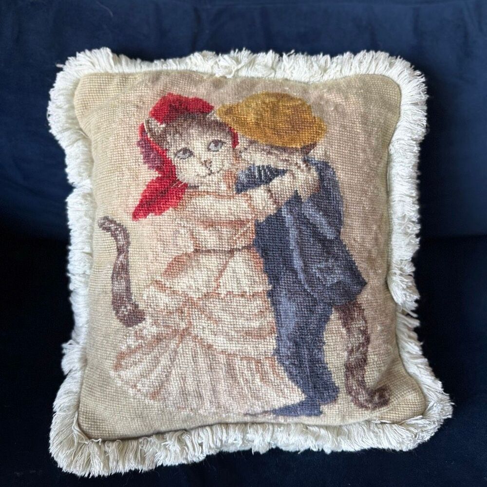 Vintage Needlepoint Tapestry Dancing Cat Pillow With Fringe